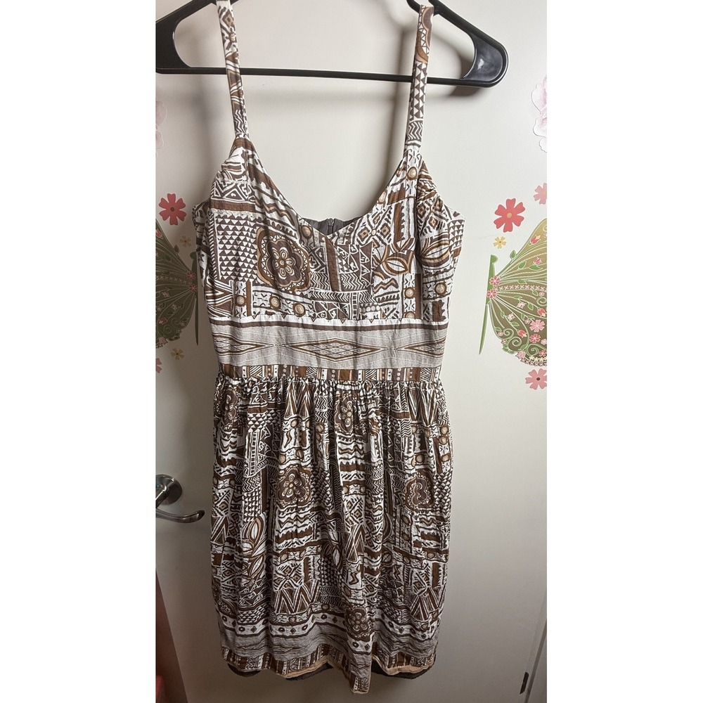 Dressbarn Boho Tribal Print Sundress Size 8 Brown‎ Spaghetti Strap Cotton Dress
